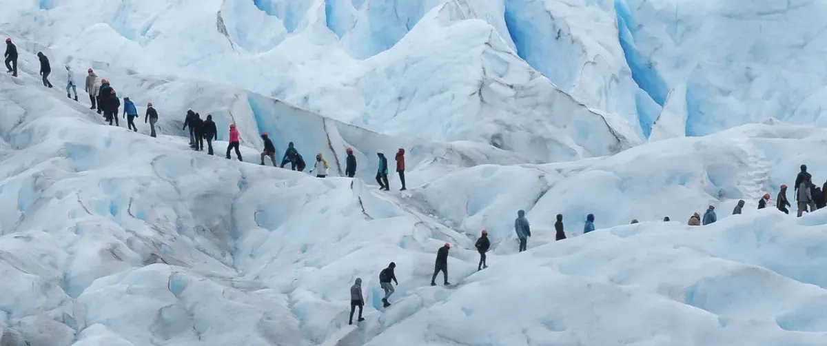 Turistas caminando con crampones sobre el hielo azul del Glaciar Perito Moreno durante el Minitrekking